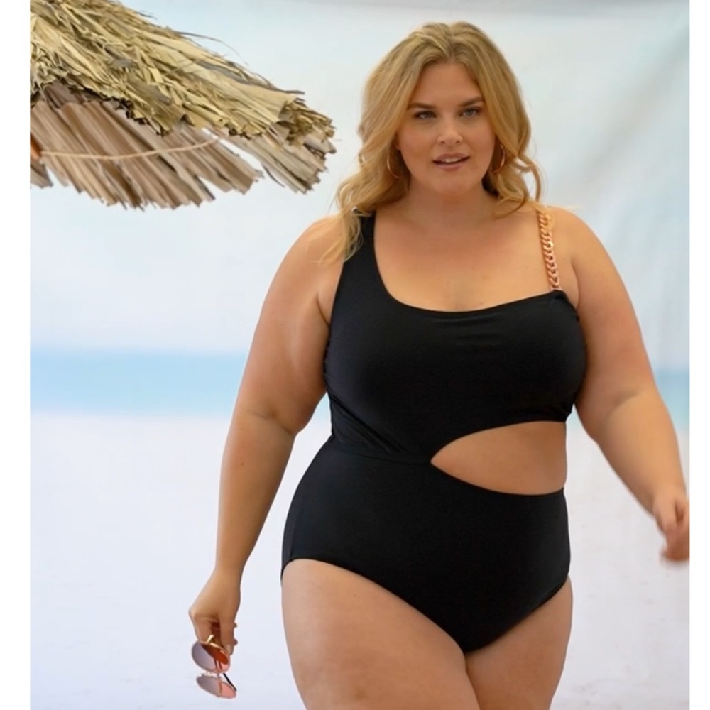 NEW LYSA Khloe Black Rose Gold Chain One Shoulder One Piece Swimsuit 1X
